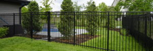 Steel fence surrounding a back yard